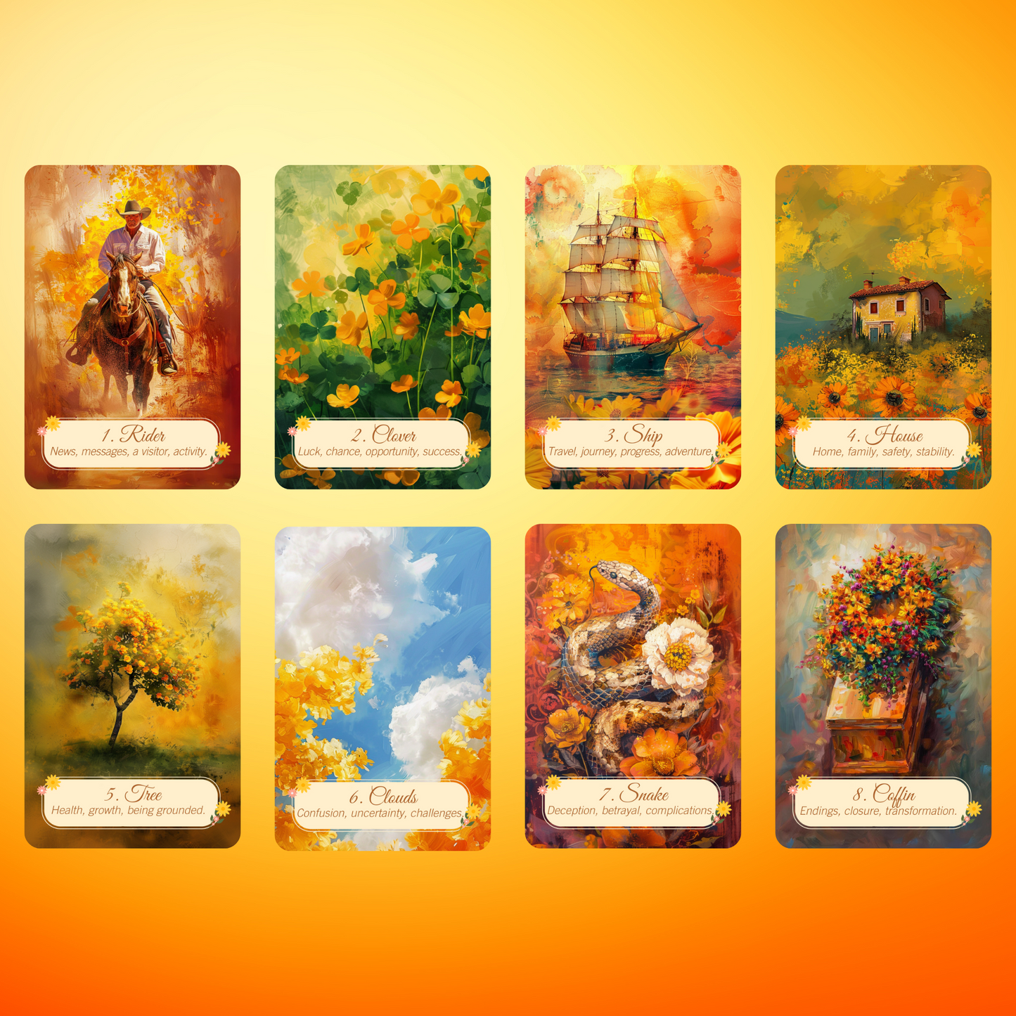 Summer Meadows Lenormand by Hattie Thorn. Original Design 45 Expanded Deck including Summer Meadow Tuck Box